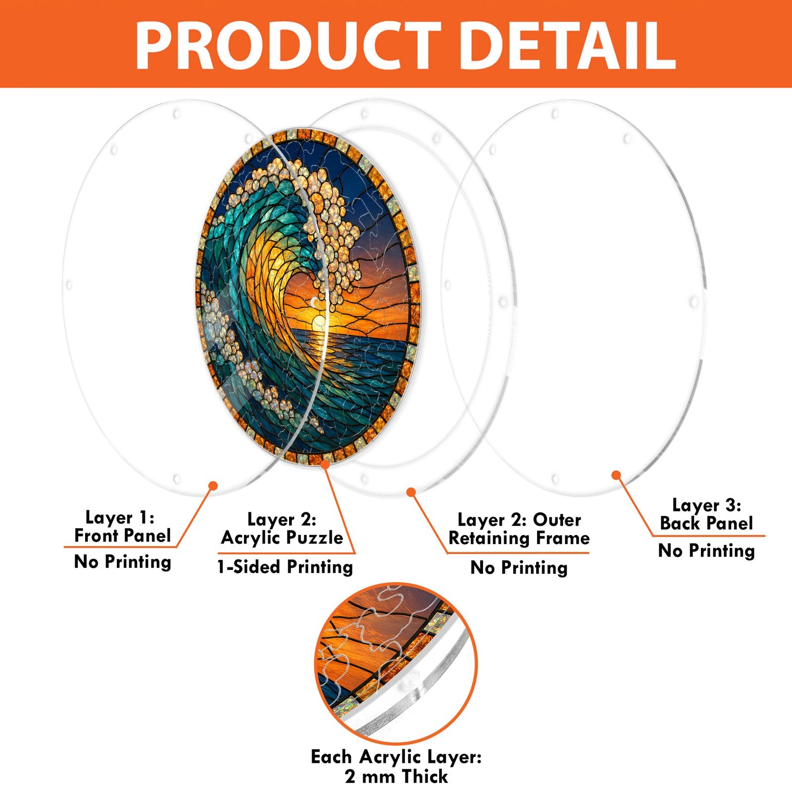Ocean wave sunset acrylic puzzle suncatcher detail
