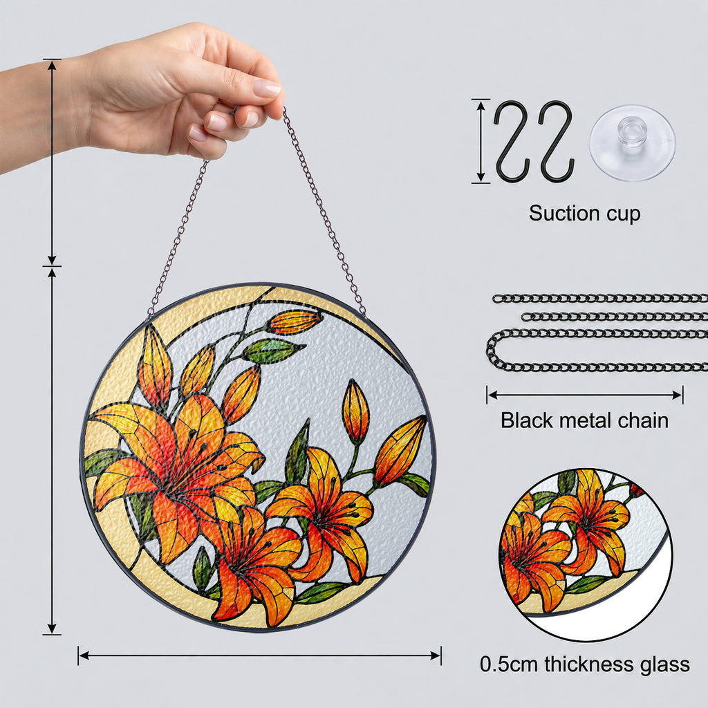Orange lily suncatcher details: black metal chain, suction cup, and 0.5 cm thick glass