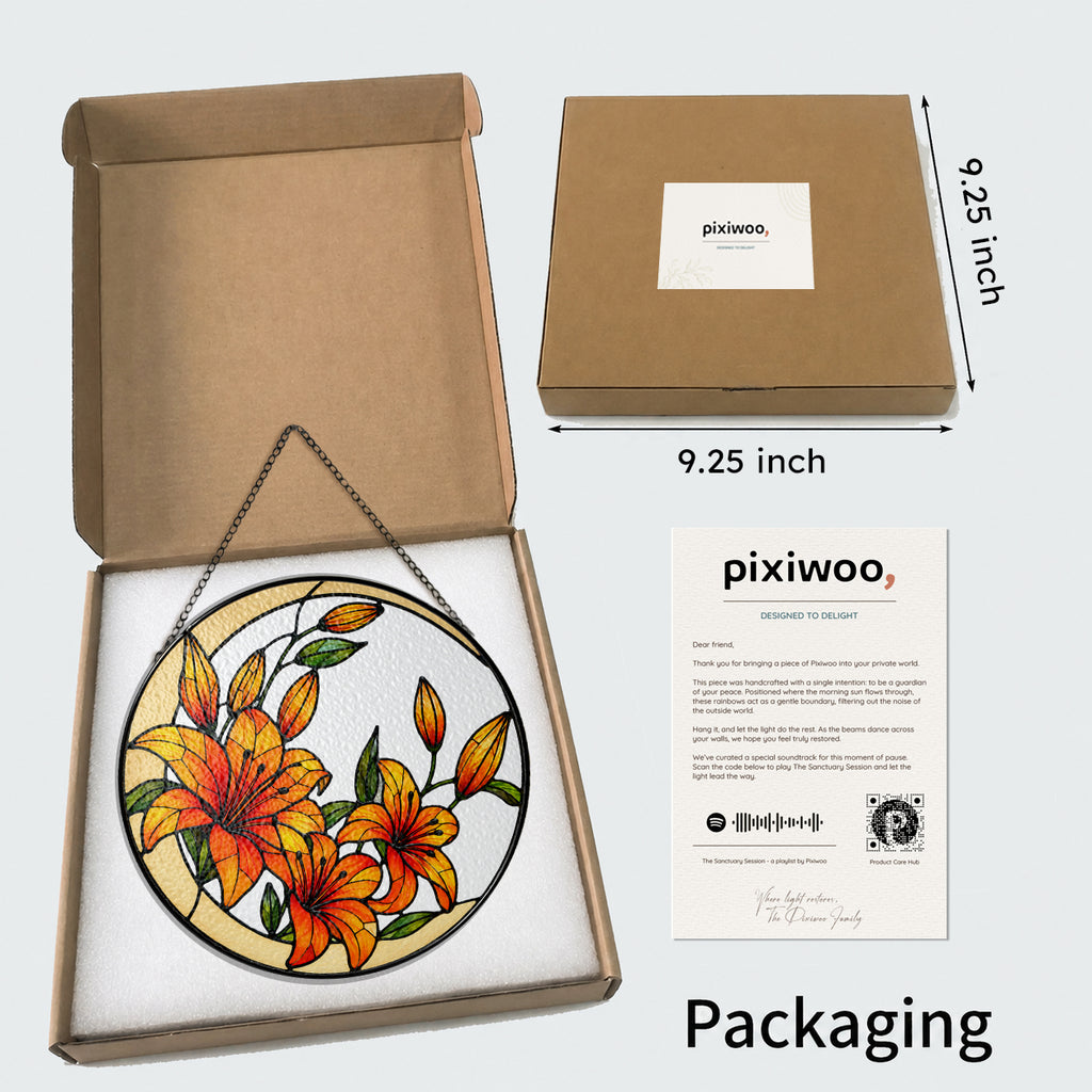 Orange lily suncatcher in Pixiwoo gift box with protective foam