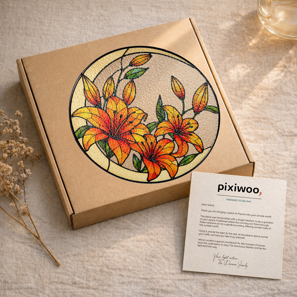 Orange lily stained glass suncatcher on Pixiwoo gift packaging with a thank-you card