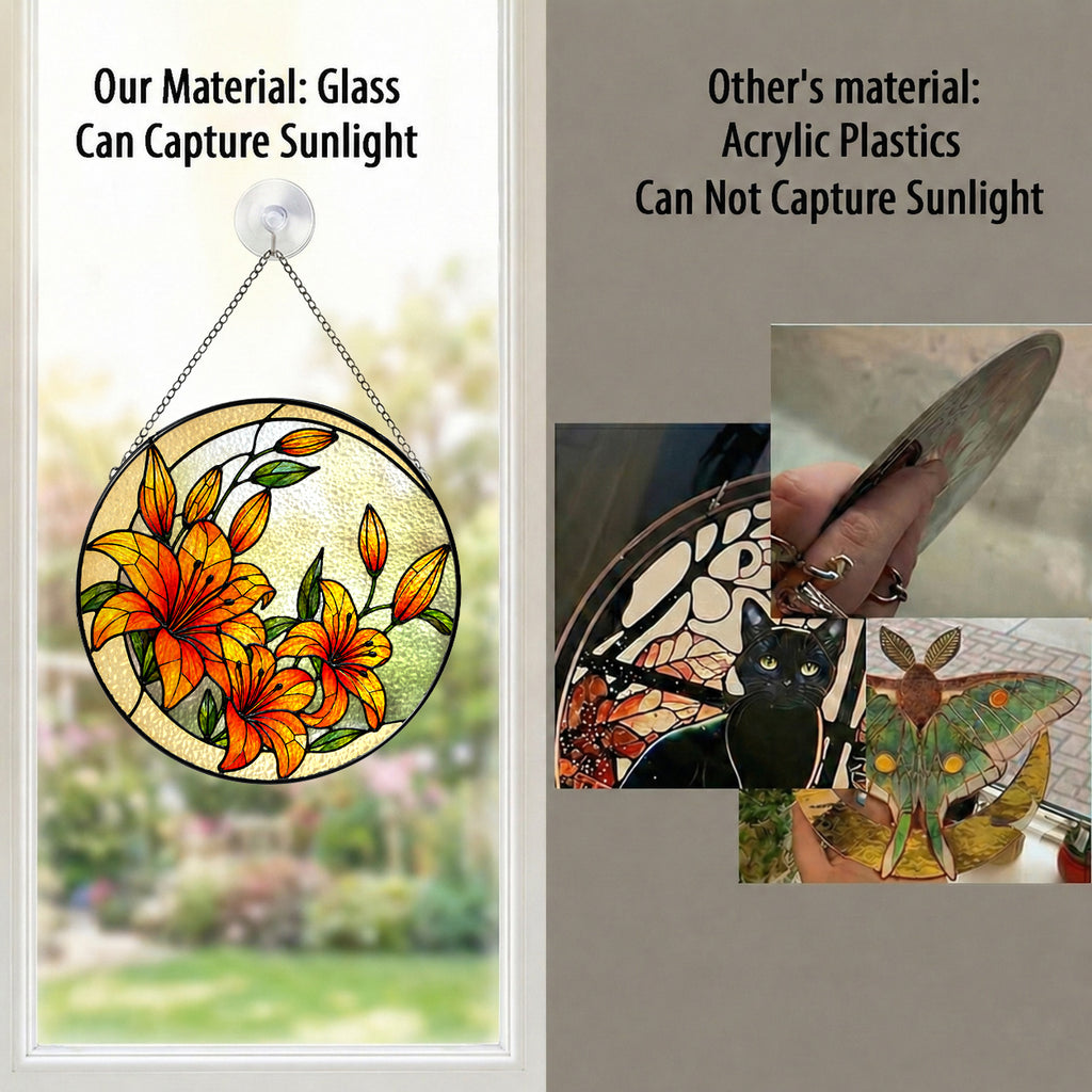Real glass orange lily suncatcher compared with acrylic, glass captures sunlight