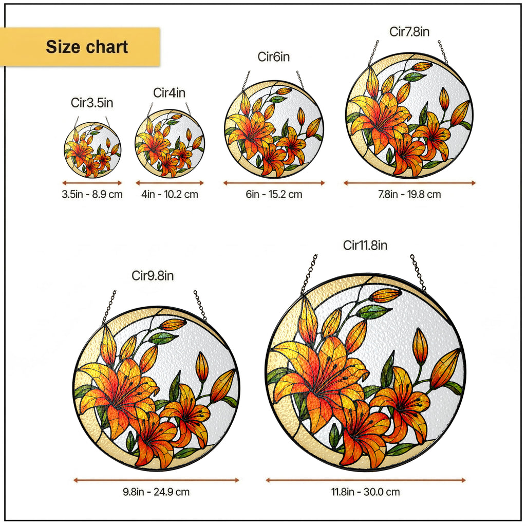 Orange lily suncatcher size chart with 3.5, 4, 6, 7.8, 9.8, and 11.8 inch options