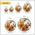 Orange lily suncatcher size chart with 3.5, 4, 6, 7.8, 9.8, and 11.8 inch options