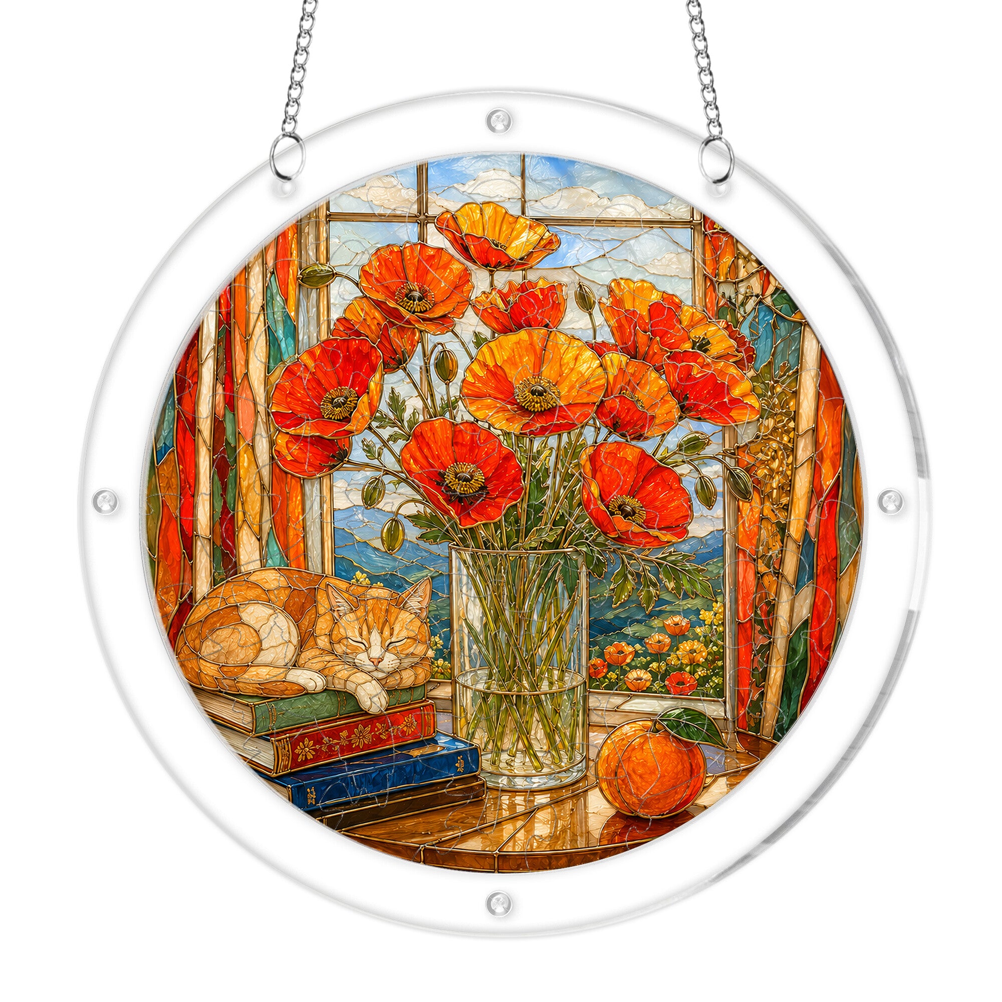 Orange poppy acrylic puzzle suncatcher, colorful DIY floral window decor