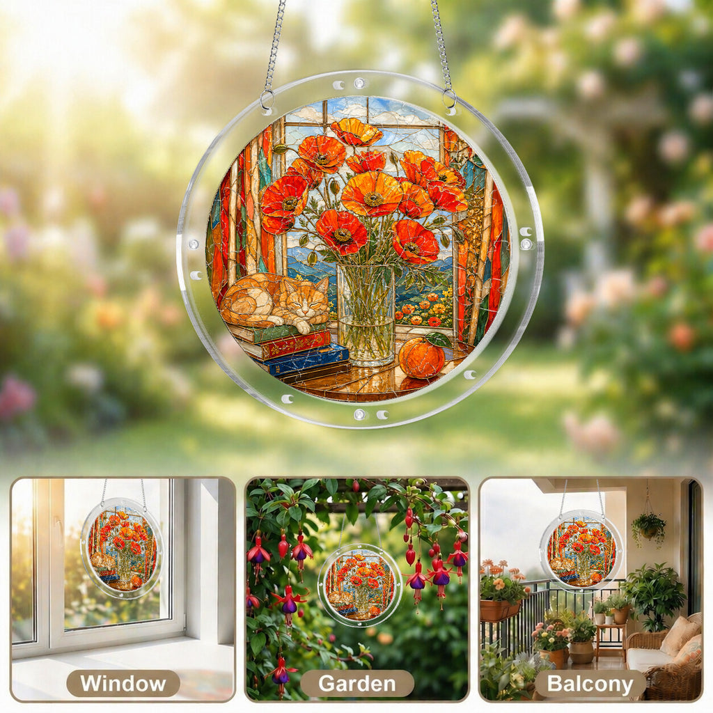 Orange poppy acrylic puzzle suncatcher, colorful DIY floral window decor
