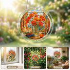 Orange poppy acrylic puzzle suncatcher, colorful DIY floral window decor