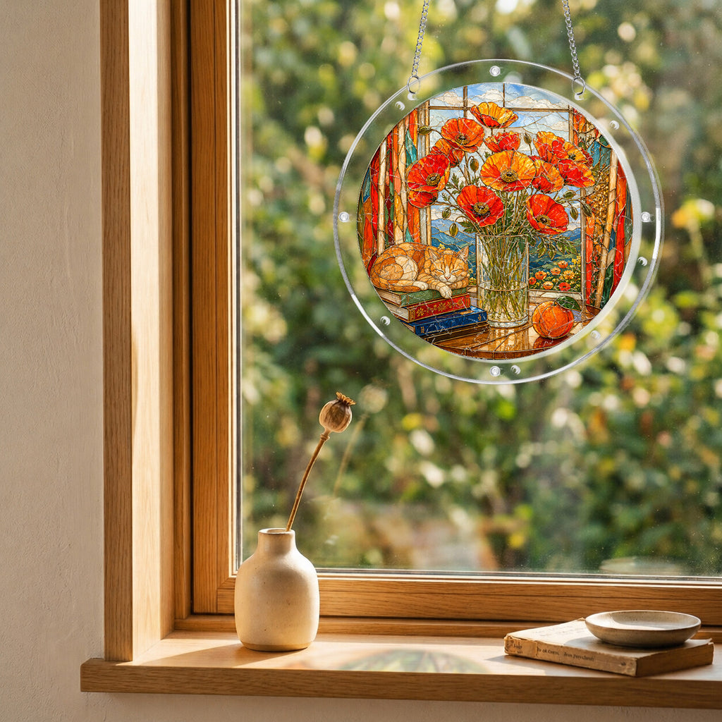 Orange poppy acrylic puzzle suncatcher, colorful DIY floral window decor