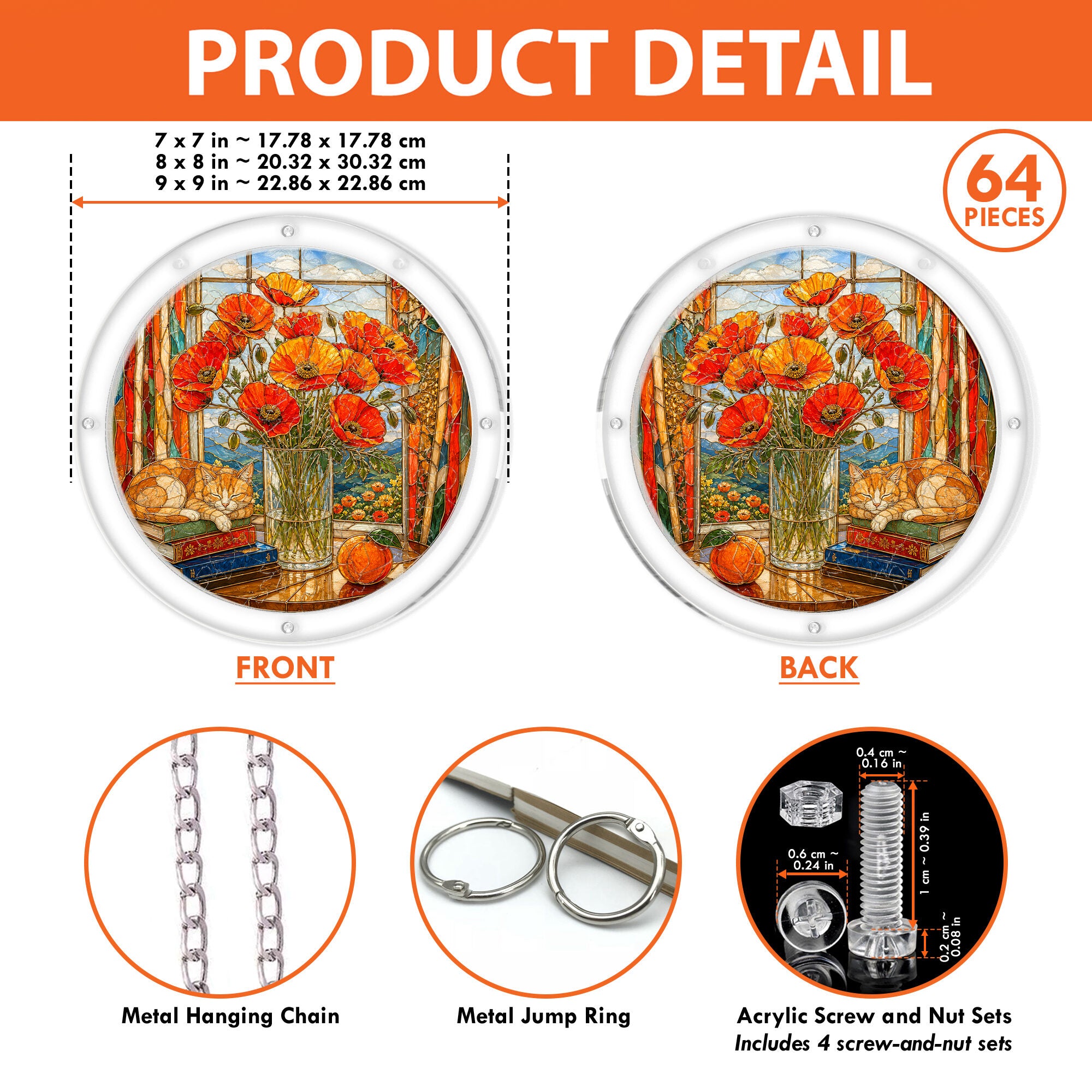 Orange poppy acrylic puzzle suncatcher, colorful DIY floral window decor