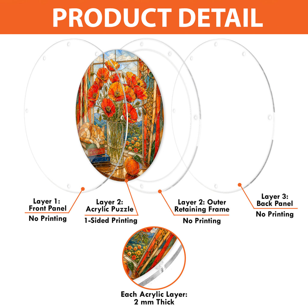 Orange poppy acrylic puzzle suncatcher, colorful DIY floral window decor