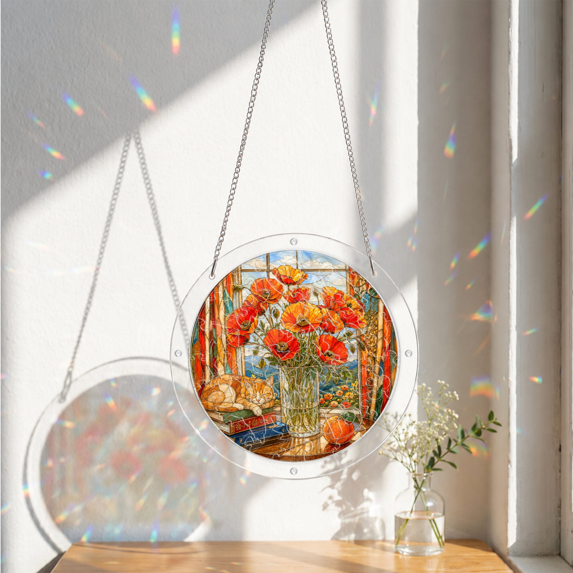 Orange poppy acrylic puzzle suncatcher, colorful DIY floral window decor