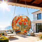 Orange poppy acrylic puzzle suncatcher, colorful DIY floral window decor