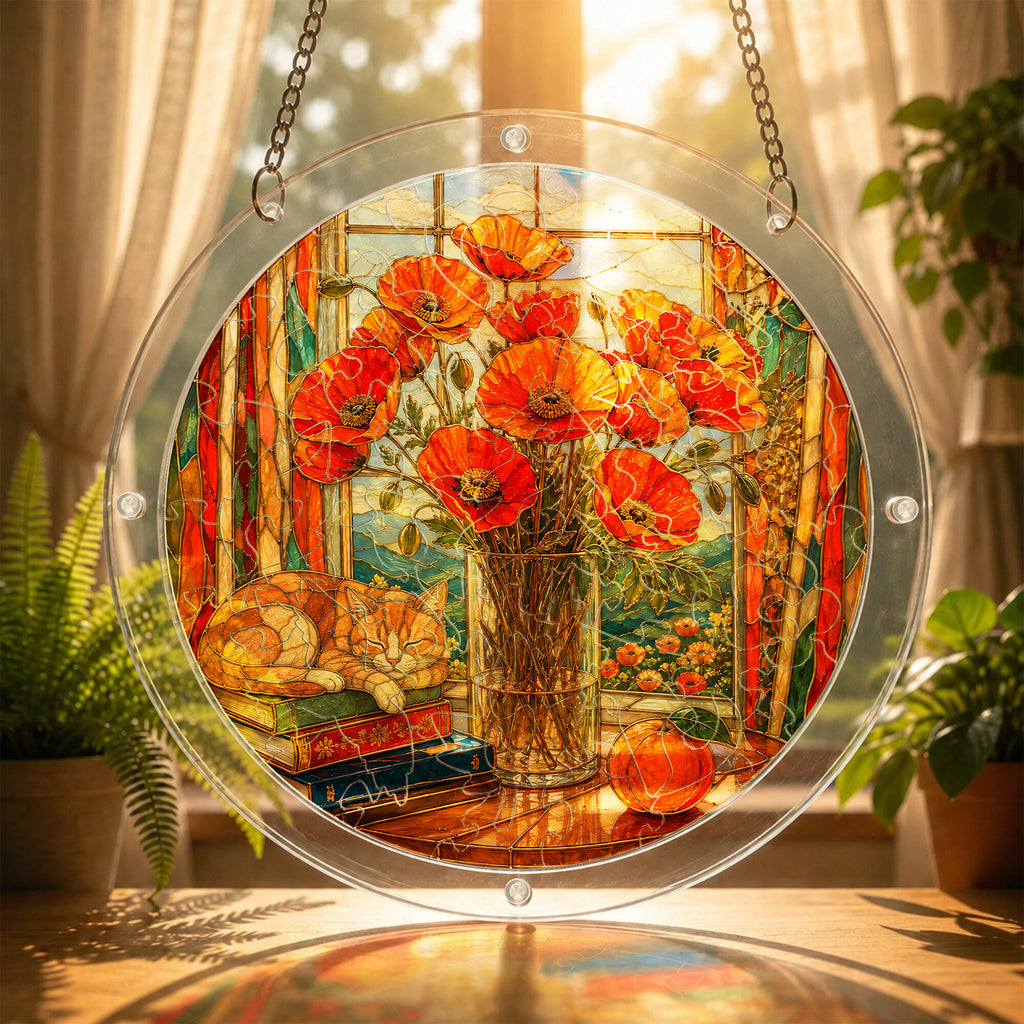 Orange poppy acrylic puzzle suncatcher, colorful DIY floral window decor