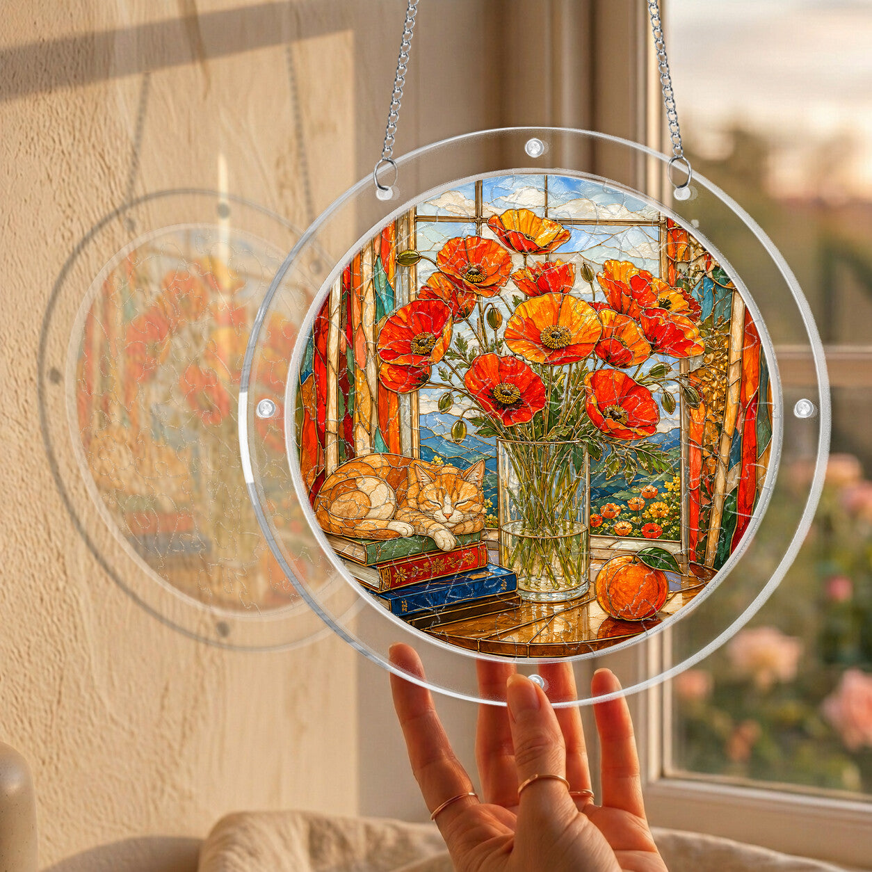 Orange poppy acrylic puzzle suncatcher, colorful DIY floral window decor
