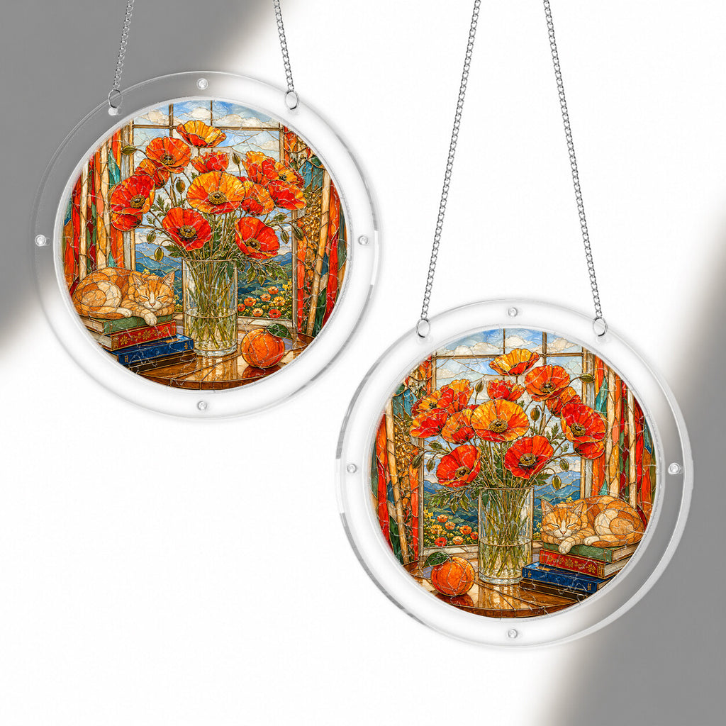 Orange poppy acrylic puzzle suncatcher, colorful DIY floral window decor