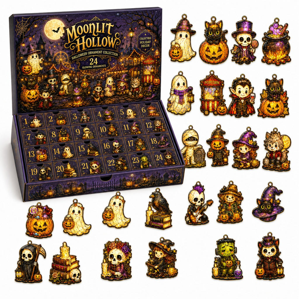 Moonlit Hollow Halloween ornament set — keepsake box with all 24 acrylic ornaments laid out