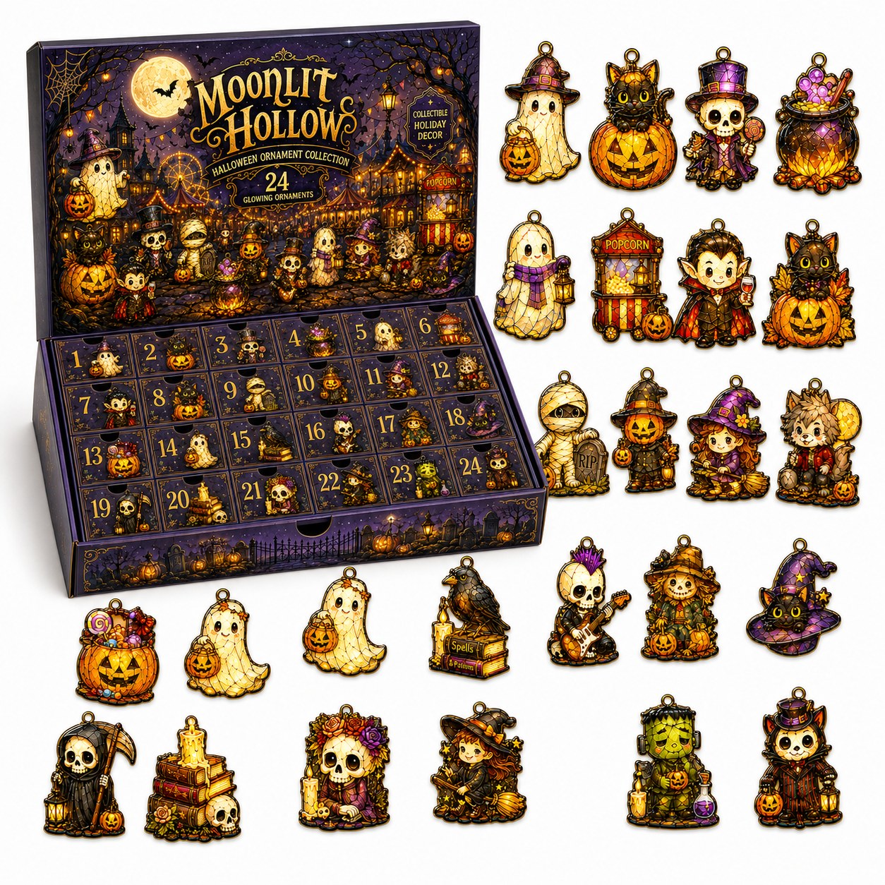 Moonlit Hollow Halloween ornament set — keepsake box with all 24 acrylic ornaments laid out