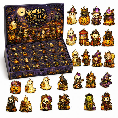 Moonlit Hollow Halloween ornament set — keepsake box with all 24 acrylic ornaments laid out