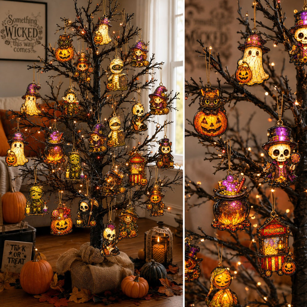 24 Moonlit Hollow Halloween ornaments hung on a small black Halloween tree with fairy lights