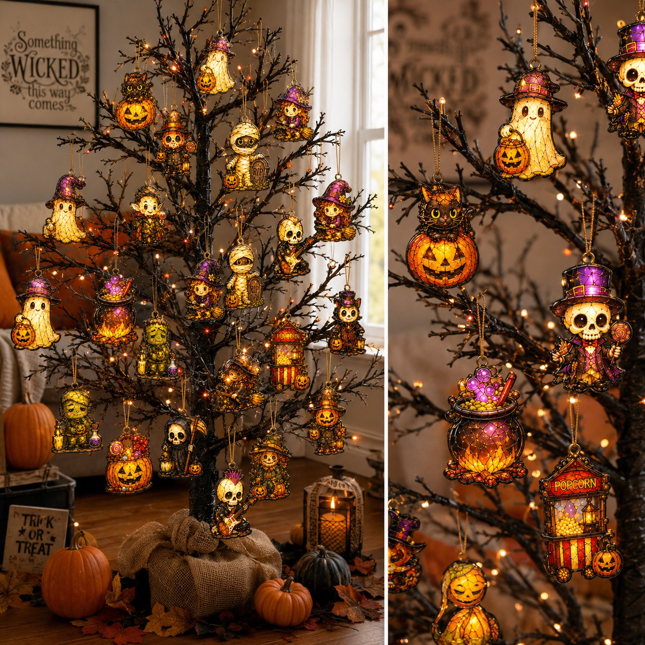 24 Moonlit Hollow Halloween ornaments hung on a small black Halloween tree with fairy lights