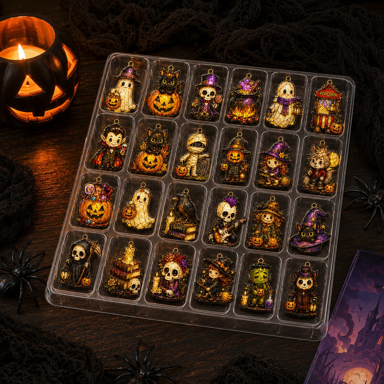 Moonlit Hollow ornaments in the 24-compartment blister tray beside a lit jack-o'-lantern