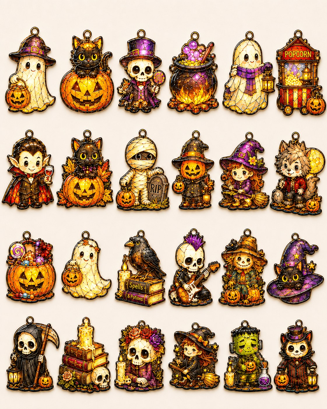 All 24 Moonlit Hollow Halloween ornament designs — ghosts, black cats, jack-o'-lanterns, witches and skeletons