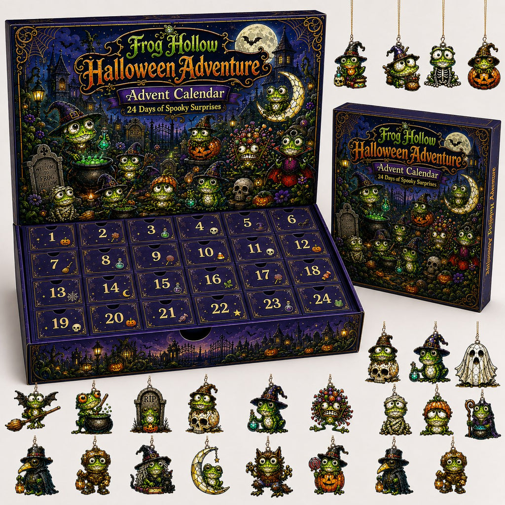 Frog Hollow Halloween ornament set — keepsake box with all 24 acrylic frog ornaments