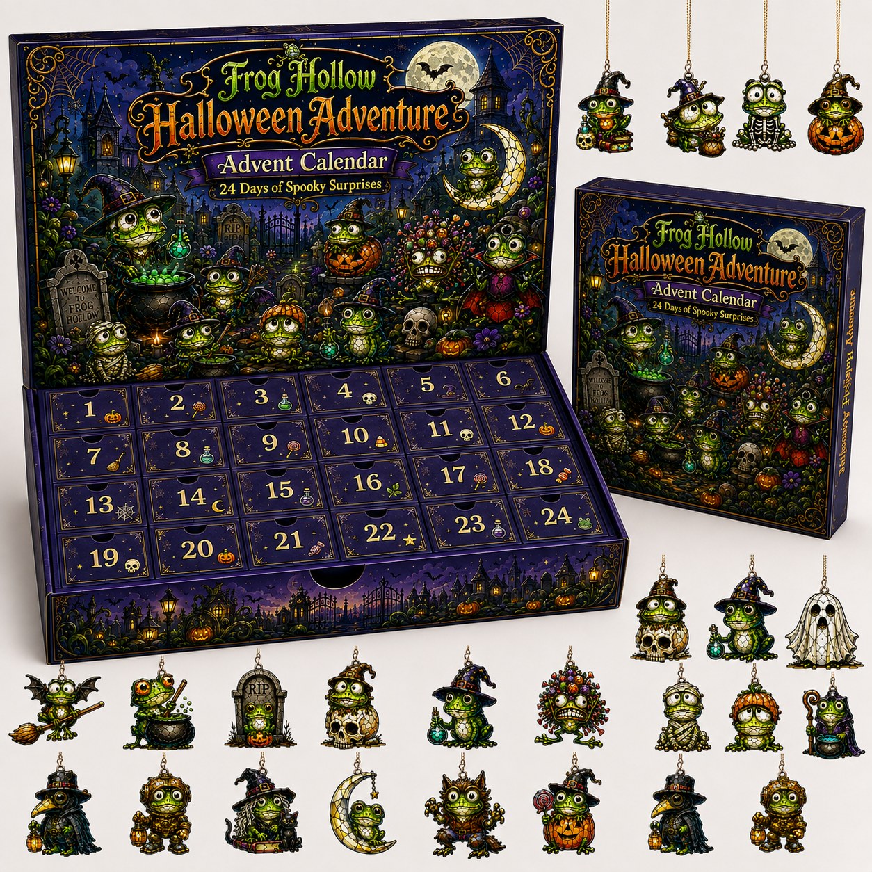 Frog Hollow Halloween ornament set — keepsake box with all 24 acrylic frog ornaments