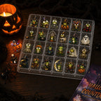 Frog Hollow frog ornaments in the 24-compartment blister tray with candlelight and spiders