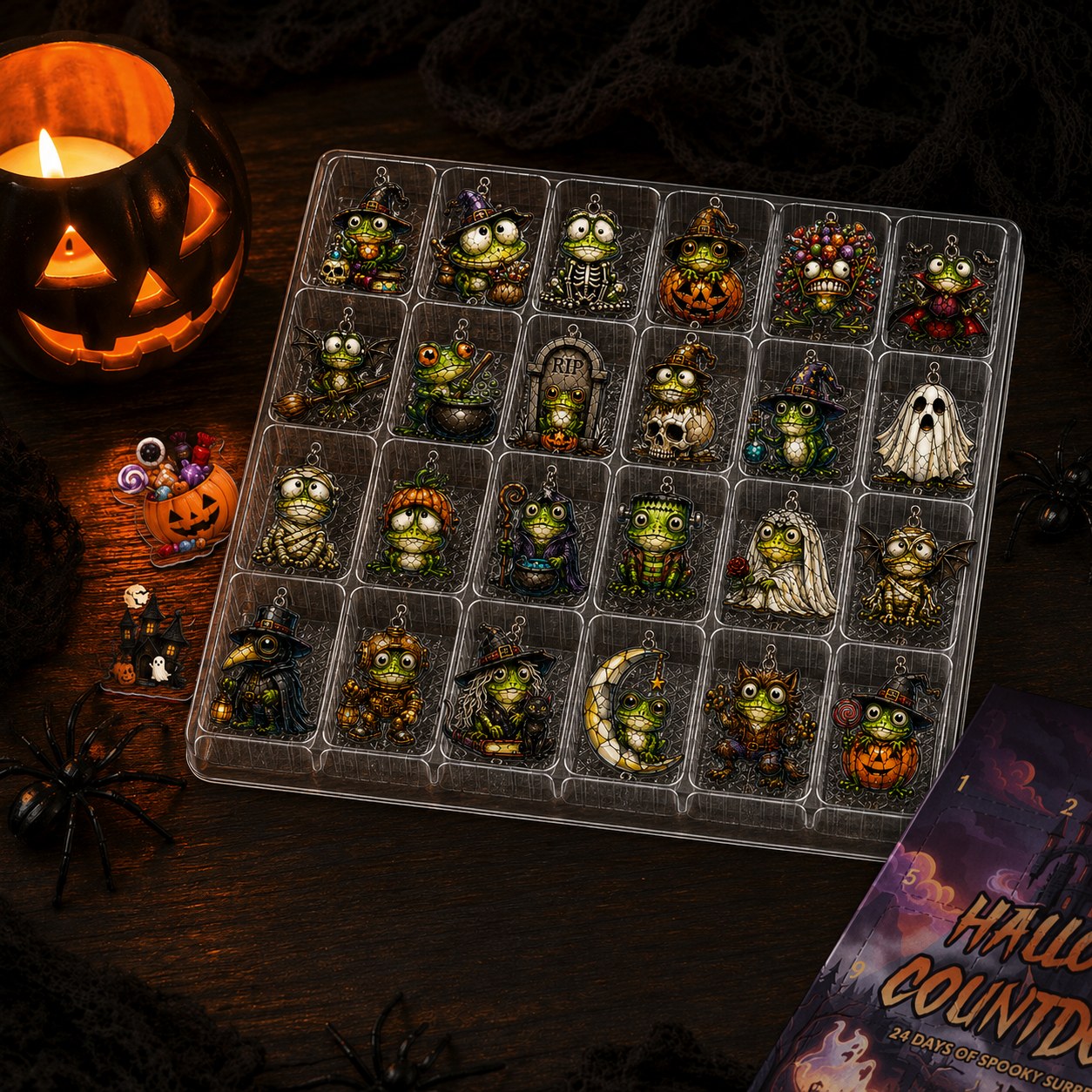 Frog Hollow frog ornaments in the 24-compartment blister tray with candlelight and spiders