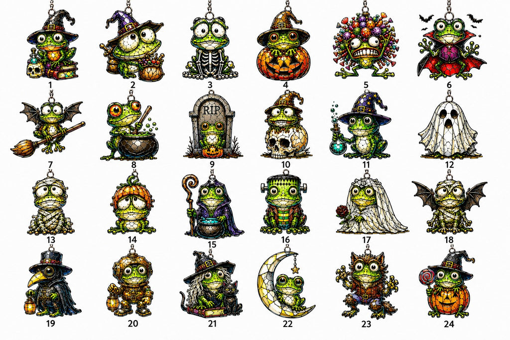All 24 Frog Hollow ornament designs numbered — witch, vampire, mummy, ghost and Frankenstein frogs