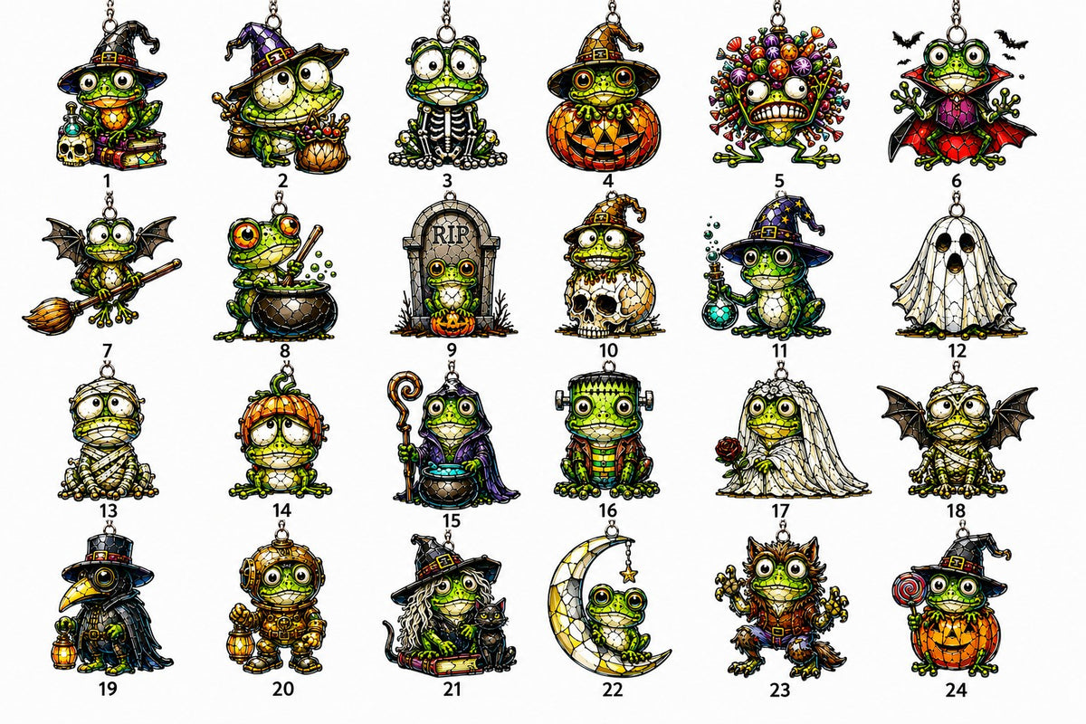 All 24 Frog Hollow ornament designs numbered — witch, vampire, mummy, ghost and Frankenstein frogs