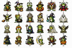 All 24 Frog Hollow ornament designs numbered — witch, vampire, mummy, ghost and Frankenstein frogs