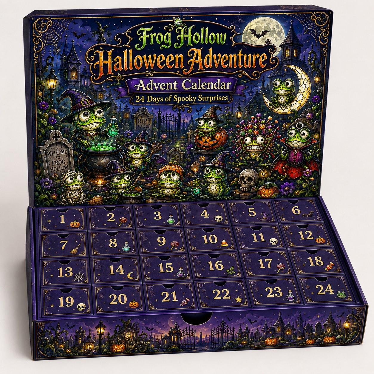 Frog Hollow Halloween ornament collection box with 24 compartments