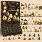 Cozy Ghost Halloween ornament set — keepsake box with all 24 cream and gold ghost ornaments