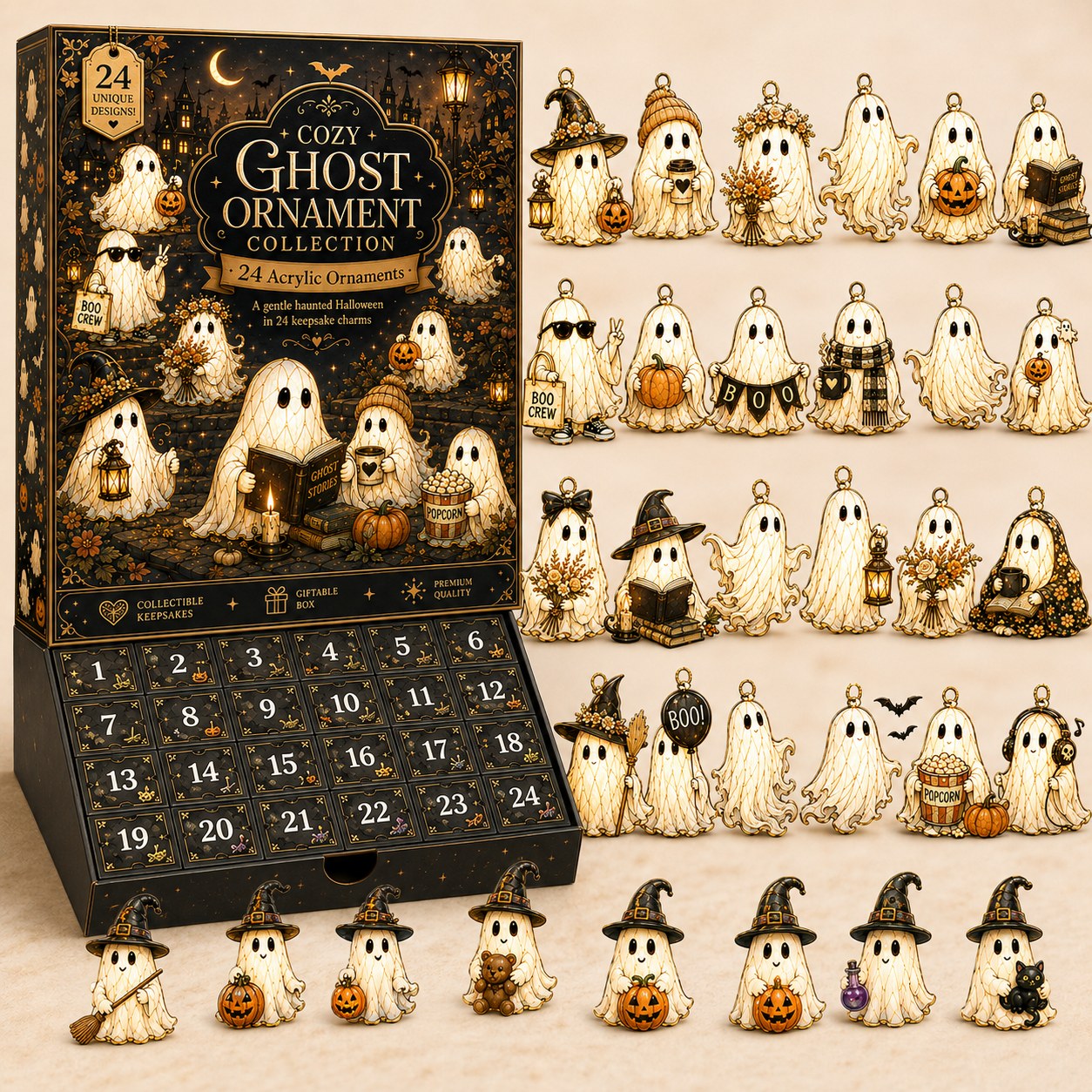 Cozy Ghost Halloween ornament set — keepsake box with all 24 cream and gold ghost ornaments