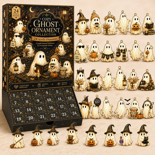 Cozy Ghost Halloween ornament set — keepsake box with all 24 cream and gold ghost ornaments