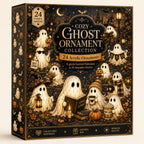 Cozy Ghost ornament box front — 24 acrylic ghost ornaments in a neutral Halloween palette