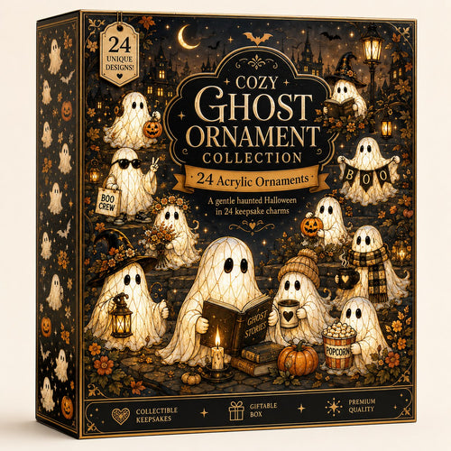 Cozy Ghost ornament box front — 24 acrylic ghost ornaments in a neutral Halloween palette