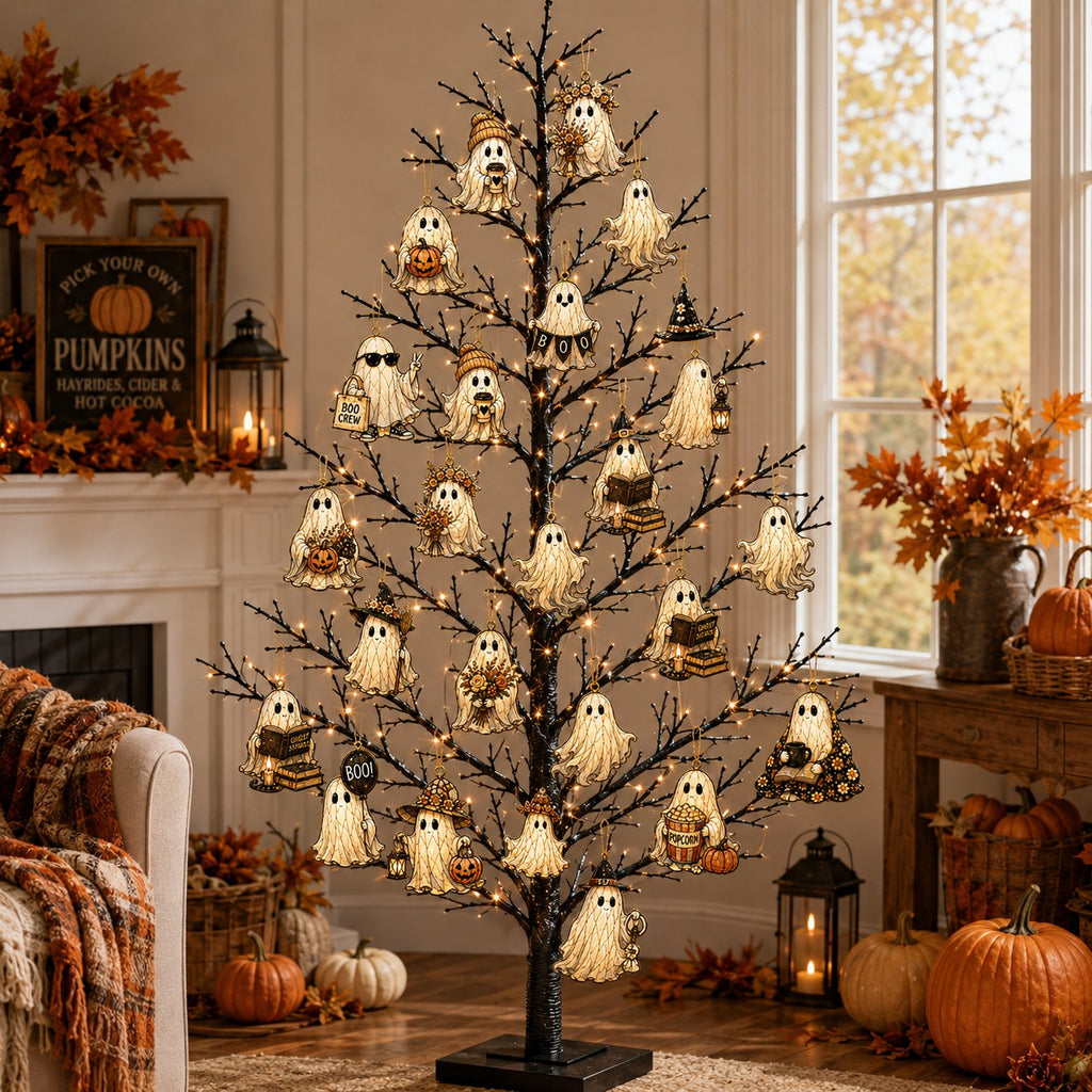 24 Cozy Ghost ornaments hung on a small black Halloween tree in a neutral autumn living room