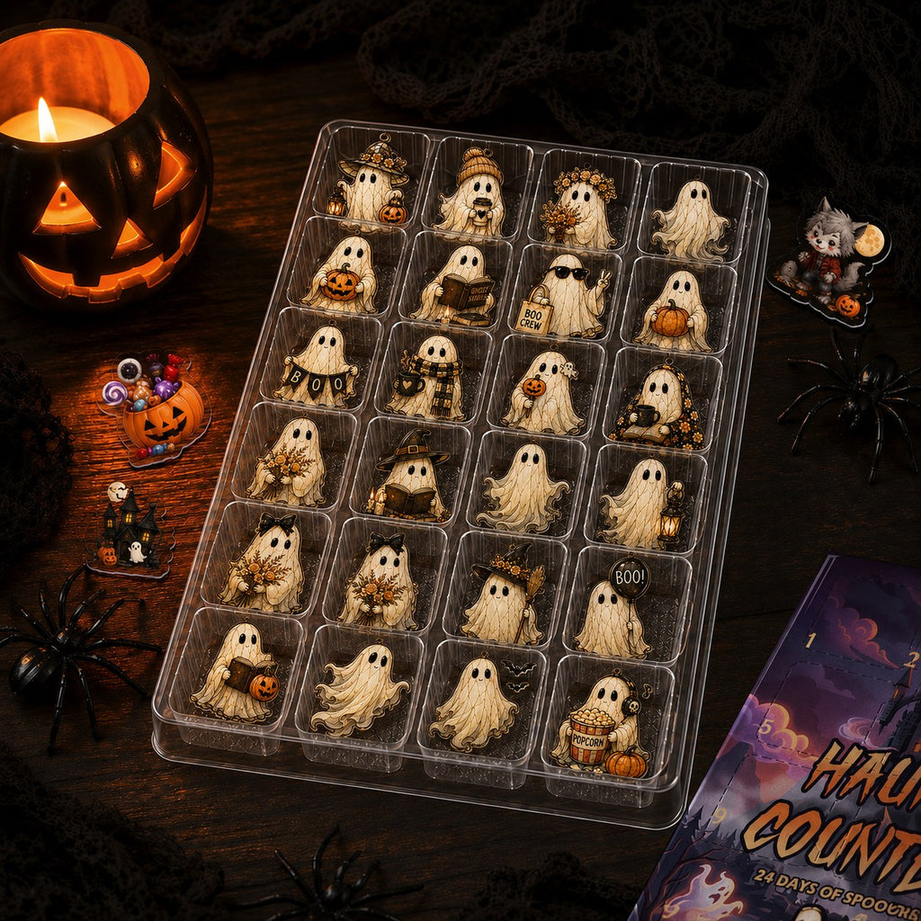 Cozy Ghost ornaments in the 24-compartment blister tray with box dimensions