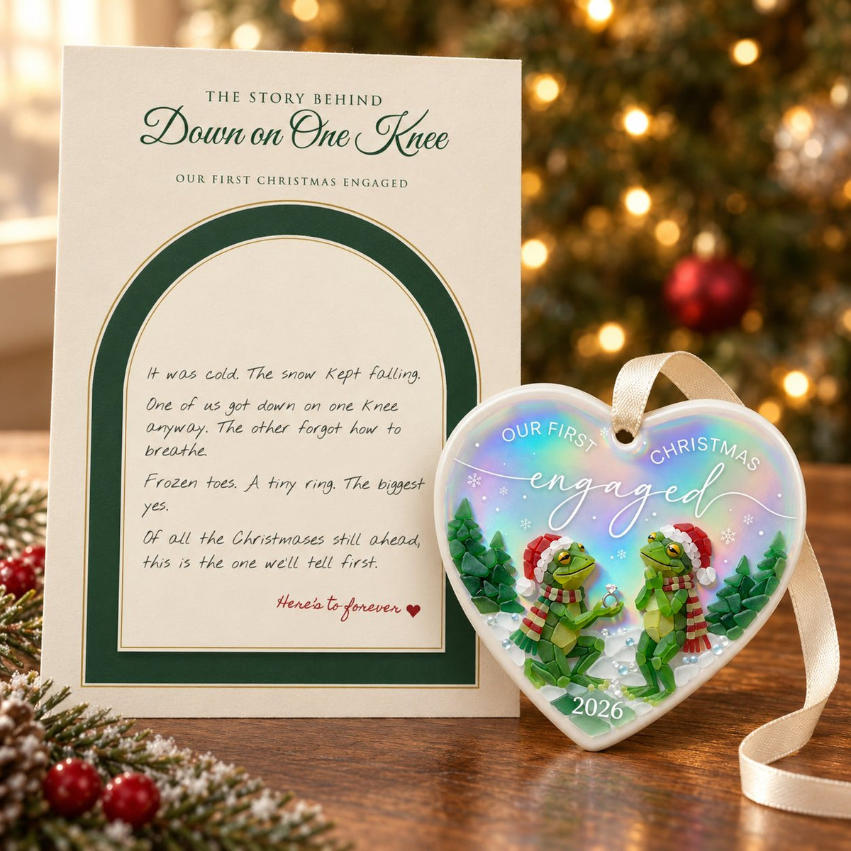 Personalized Our First Christmas Engaged Frog Proposal Heart Ceramic Ornament — Down on One Knee