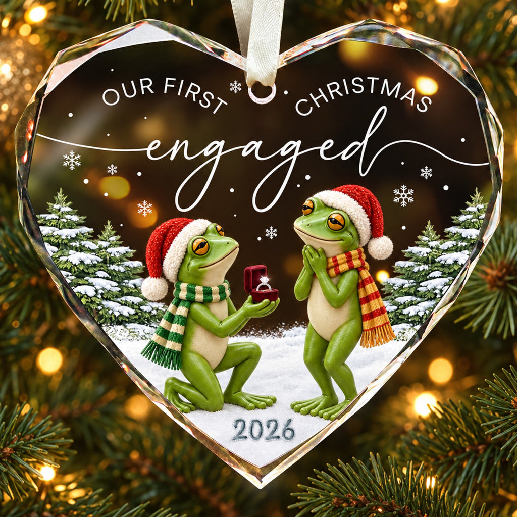 Personalized Our First Christmas Engaged Frog Proposal Heart Glass Ornament