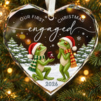 Personalized Our First Christmas Engaged Frog Proposal Heart Glass Ornament