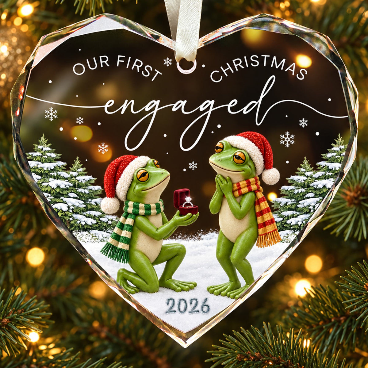 Personalized Our First Christmas Engaged Frog Proposal Heart Glass Ornament