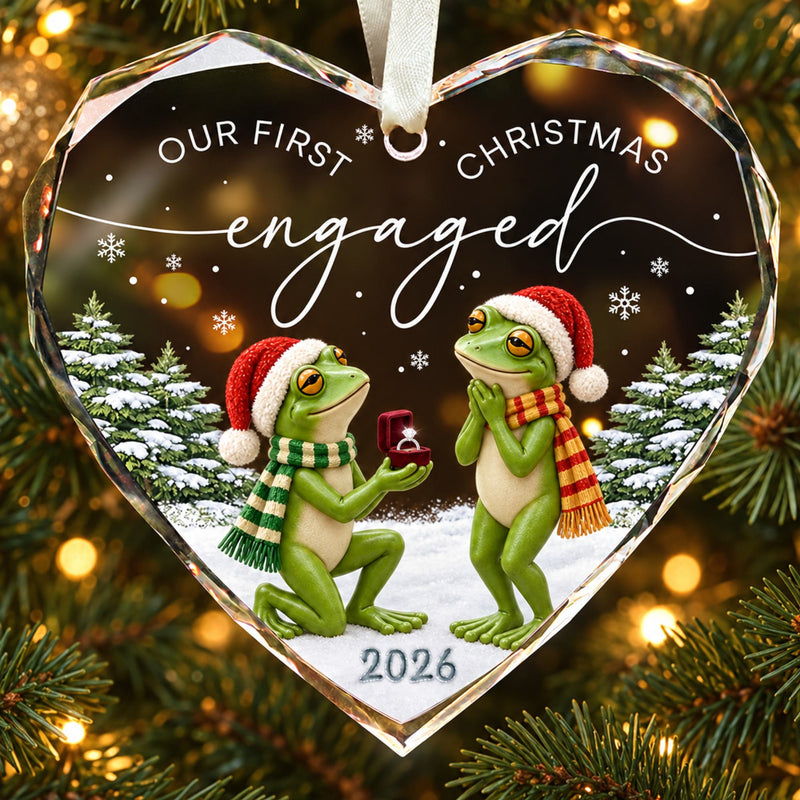 Personalized Our First Christmas Engaged Frog Proposal Heart Glass Ornament