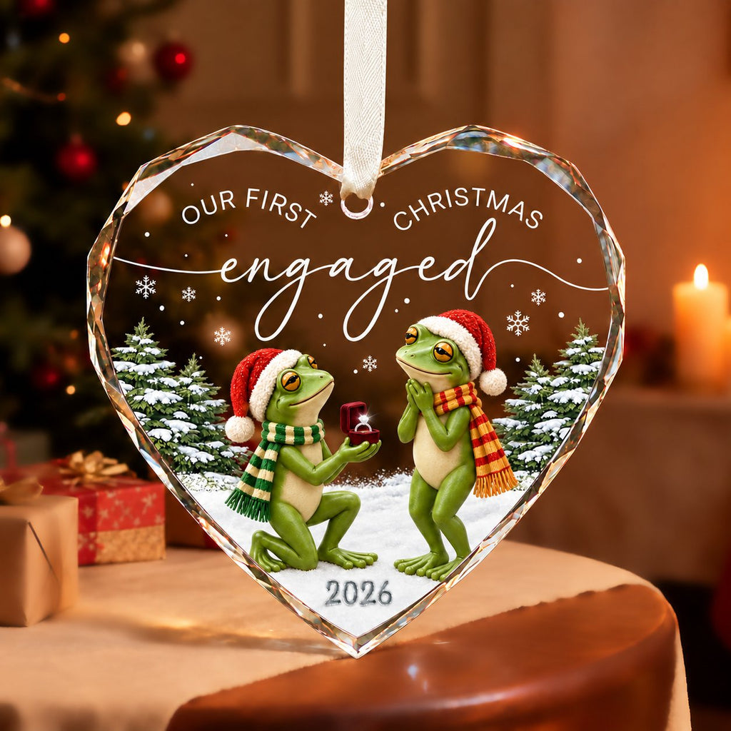 Personalized Our First Christmas Engaged Frog Proposal Heart Glass Ornament