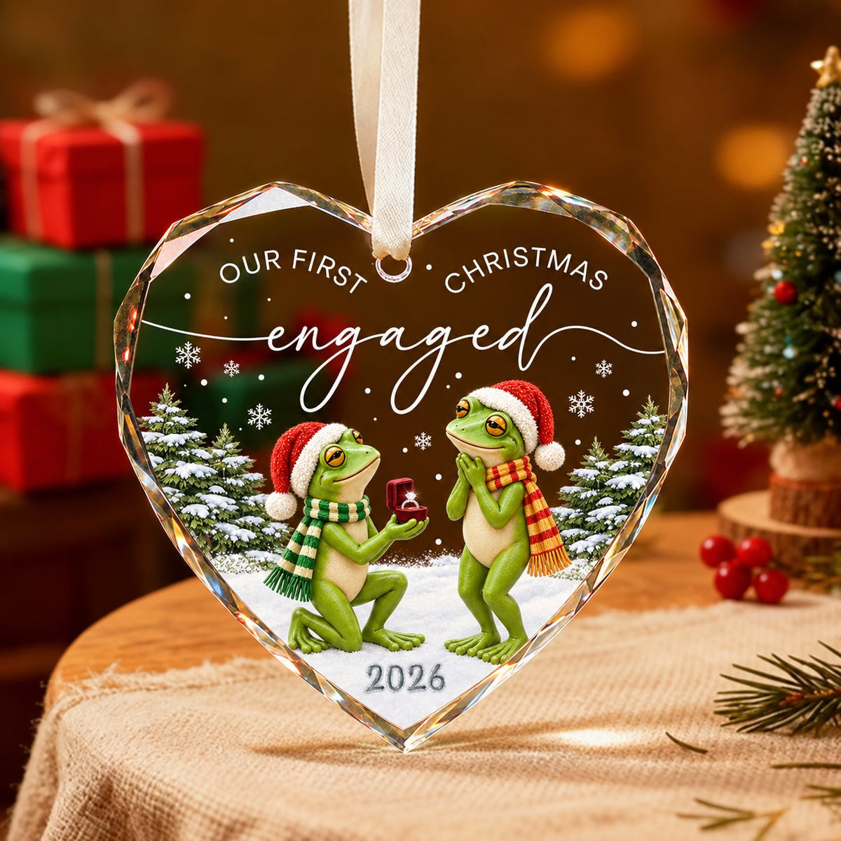Personalized Our First Christmas Engaged Frog Proposal Heart Glass Ornament