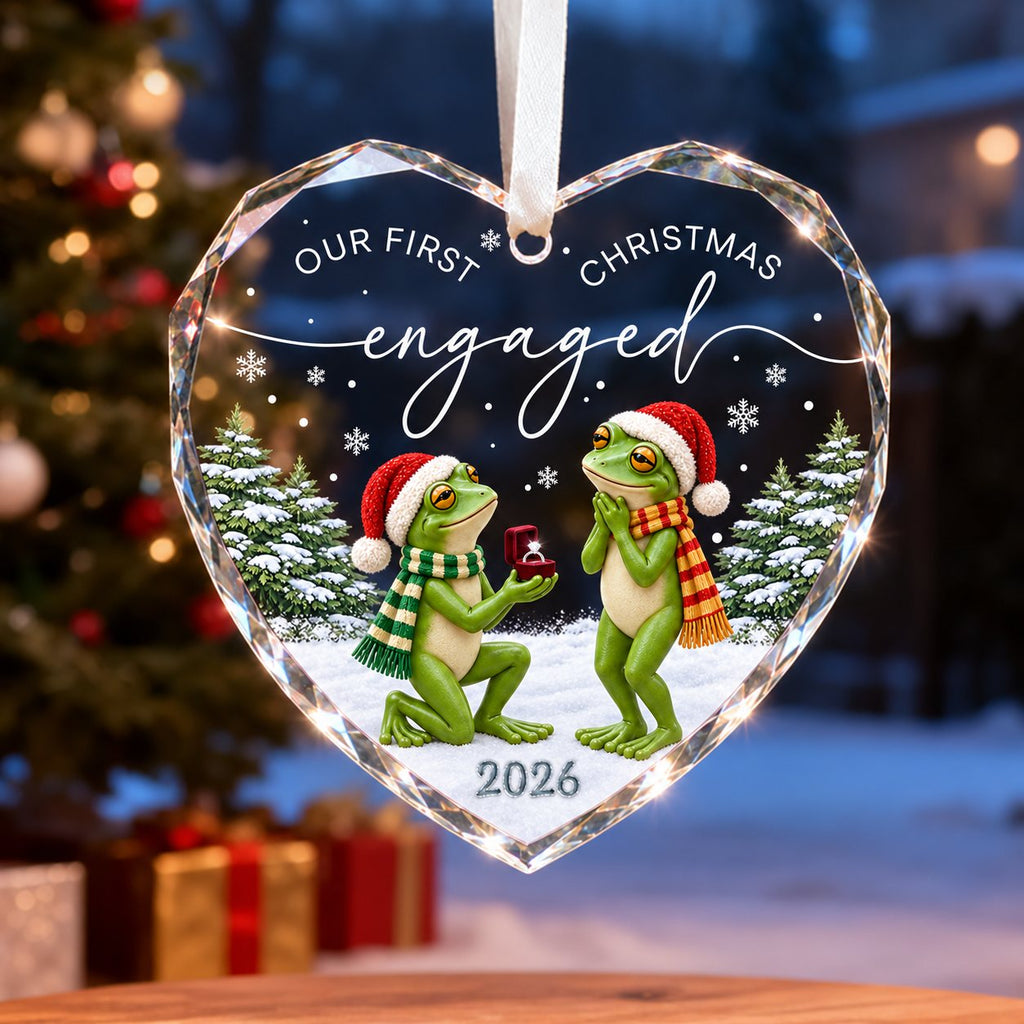 Personalized Our First Christmas Engaged Frog Proposal Heart Glass Ornament