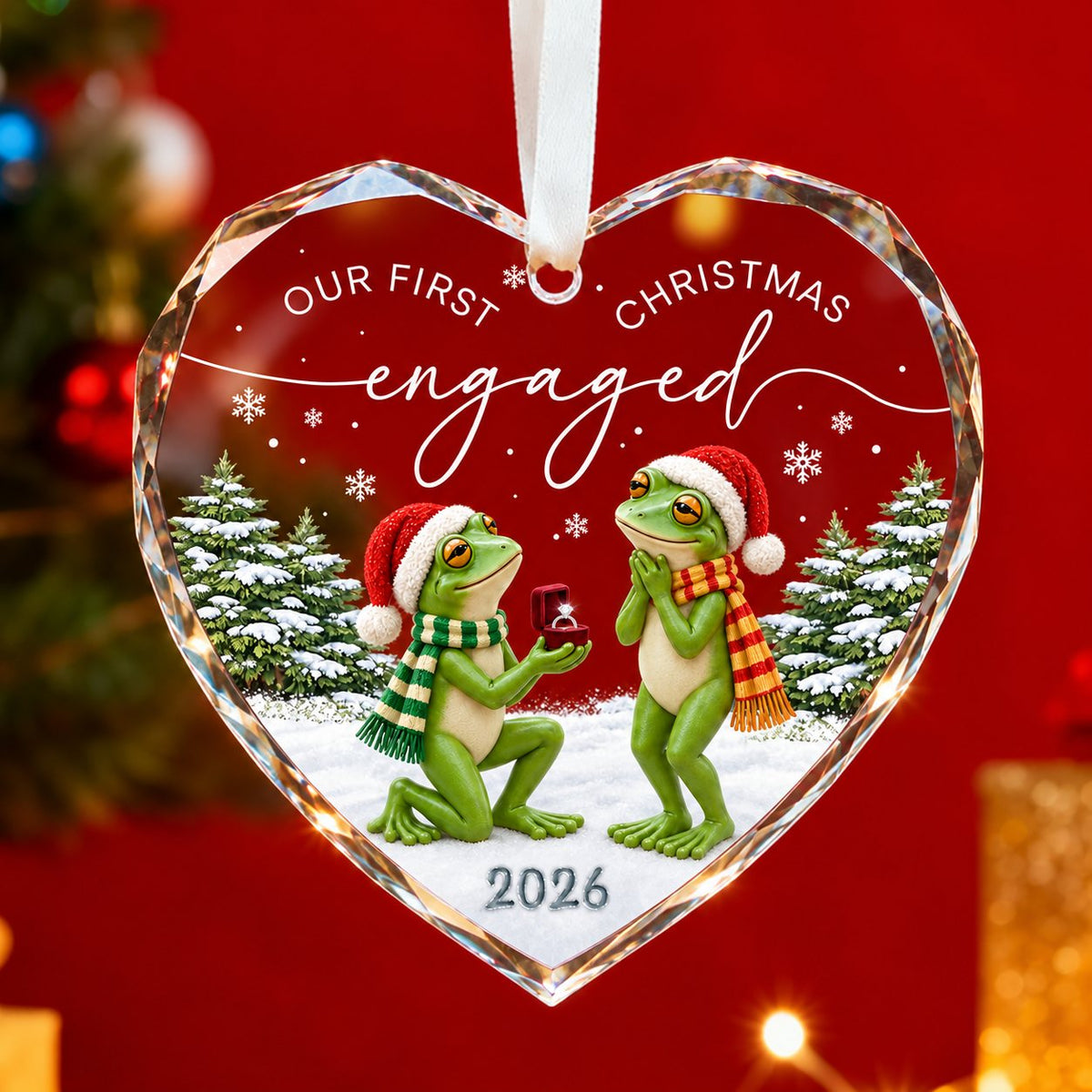 Personalized Our First Christmas Engaged Frog Proposal Heart Glass Ornament