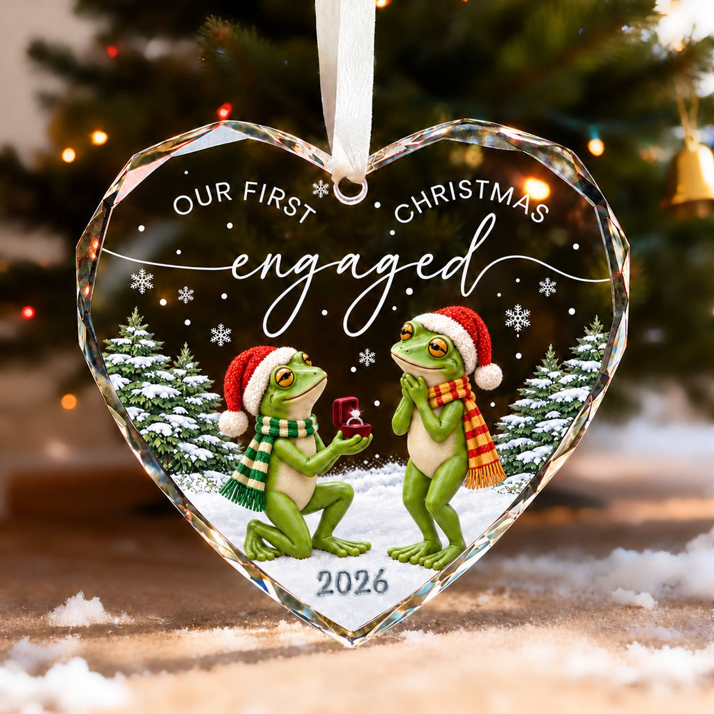 Personalized Our First Christmas Engaged Frog Proposal Heart Glass Ornament